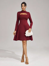 Women's Solid Color Stand Collar Long Sleeve Hollow-Out Elegant Ball Gown Dress (Heavy-Duty Embroidery)